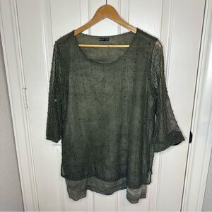Hannah Army Green Tie Dye Shimmer Net Layer 3/4 Sleeve Tunic L Mermaid Lagonlook